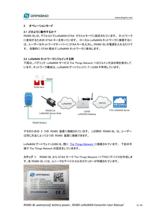 www.dragino.com
RS485-BL waterproof, battery power , RS485 LoRaWAN Converter User Manual 8 / 30
3. オペレーションモード
3.1 どのように動作するか？
RS485-BLは、デフォルトでLoRaWAN OTAA クラスAモードに設定されています。 ネットワーク
に参加するための OTAA キーを持っています。 ローカル LoRaWAN ネットワークに接続するに
は、ユーザーはネットワークサーバーに OTAAキーを入力し、RS485-BLの電源を入れるだけで
す。 自動的に OTAA 経由で LoRaWAN ネットワークに参加します。
3.2 LoRaWAN ネットワークにジョインする例
下図は、パグリック LoRaWAN サービス The Things Network へのジョイン方法の例を表示して
います。ネットワーク構成は、LoRaWAN ゲートウェイとして LG308 を使用しています。
デモのための 2 つの RS485 装置に接続されています。 この例の RS485-BL は、ユーザー
は同じ方法によって２つの RS485 装置に接続できます。
LoRaWAN ゲートウェイ LG308 は、既に The Things Network に接続されています。 下記の手
順で The Things Network の設定をしていきます。
ステップ 1: RS485-BL から OTAA キーで The Things Network (＝TTN)にデバイスを作成しま
す。各 RS485-BL には、ユニークなデバイス EUI のステッカーが同梱されています。
 