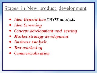 Stages in New product development
 Idea Generation:SWOT analysis
 Idea Screening
 Concept development and testing
 Market strategy development
 Business Analysis
 Test marketing
 Commercialization
 