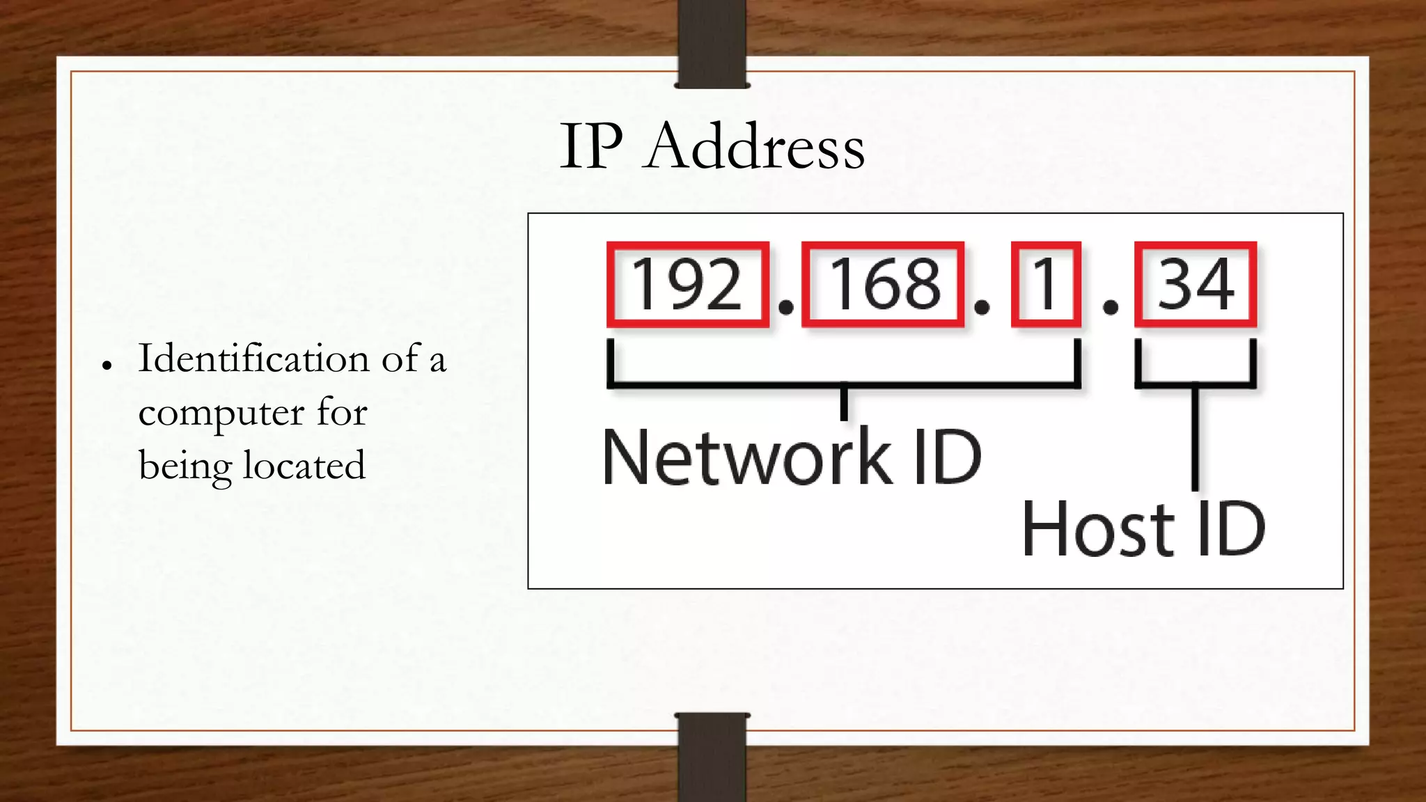 IP Address
● Identification of a
computer for
being located
