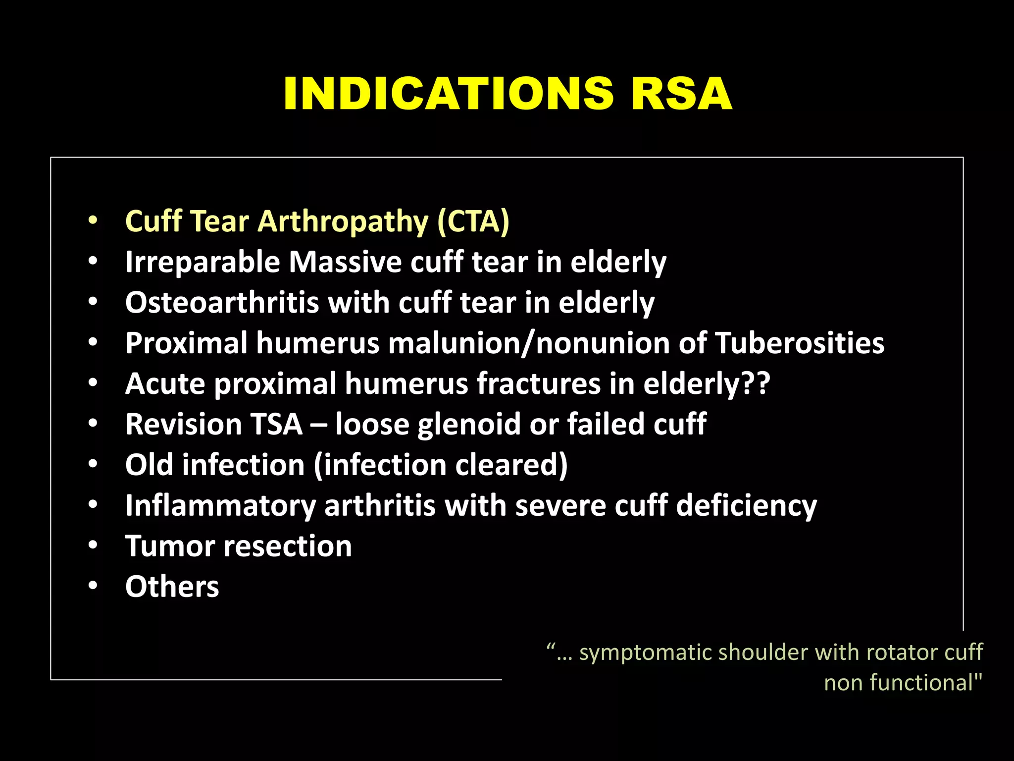 INDICATIONS RSA
• Cuff Tear Arthropathy (CTA)
• Irreparable Massive cuff tear in elderly
• Osteoarthritis with cuff tear in elderly
• Proximal humerus malunion/nonunion of Tuberosities
• Acute proximal humerus fractures in elderly??
• Revision TSA – loose glenoid or failed cuff
• Old infection (infection cleared)
• Inflammatory arthritis with severe cuff deficiency
• Tumor resection
• Others
“… symptomatic shoulder with rotator cuff
non functional"
 