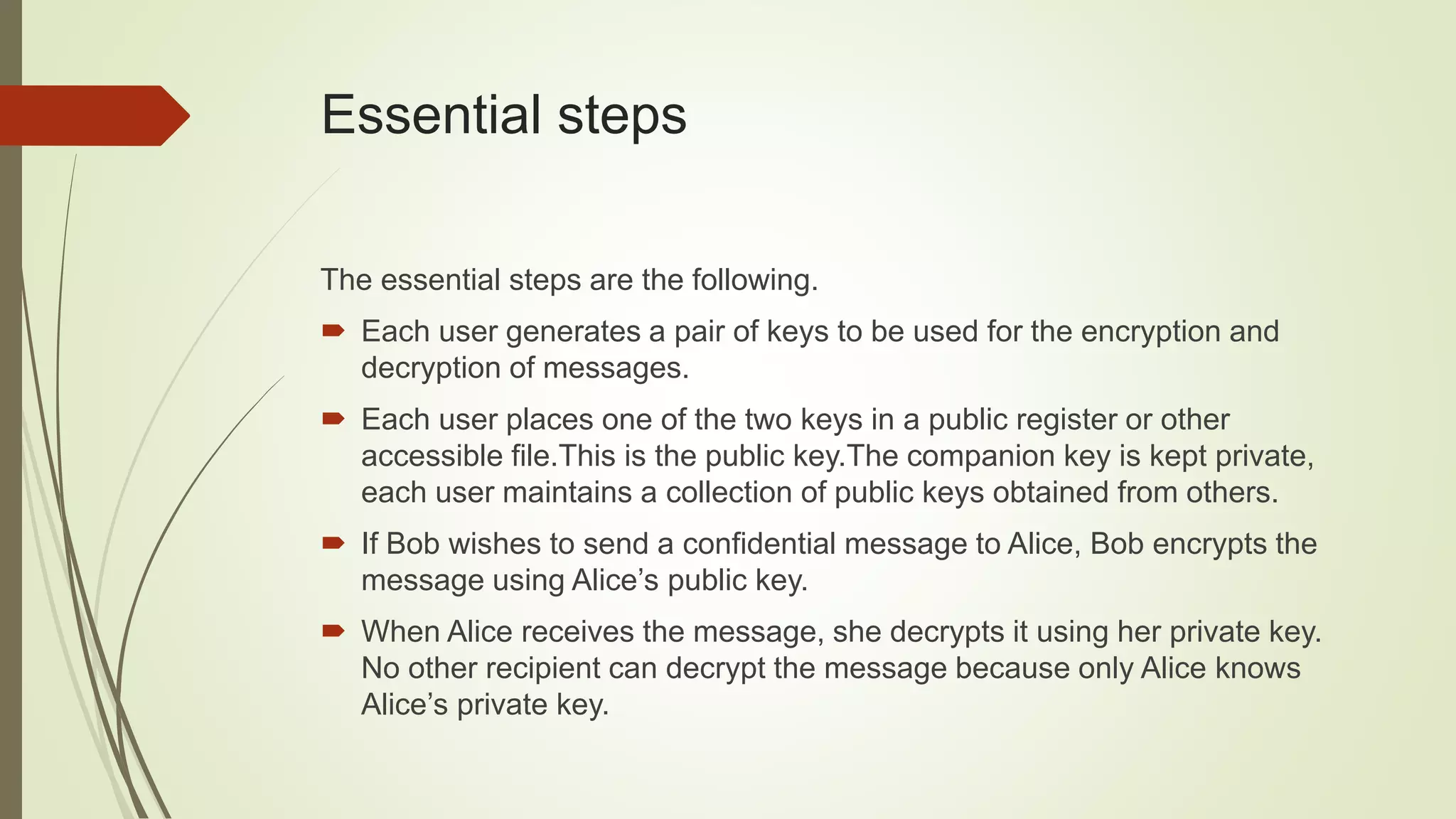 Essential steps
The essential steps are the following.
 Each user generates a pair of keys to be used for the encryption and
decryption of messages.
 Each user places one of the two keys in a public register or other
accessible file.This is the public key.The companion key is kept private,
each user maintains a collection of public keys obtained from others.
 If Bob wishes to send a confidential message to Alice, Bob encrypts the
message using Alice’s public key.
 When Alice receives the message, she decrypts it using her private key.
No other recipient can decrypt the message because only Alice knows
Alice’s private key.
 