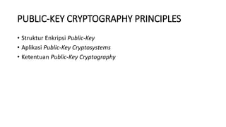PUBLIC-KEY CRYPTOGRAPHY PRINCIPLES
• Struktur Enkripsi Public-Key
• Aplikasi Public-Key Cryptosystems
• Ketentuan Public-Key Cryptography
 