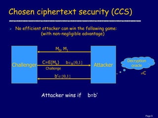 Page 9
Chosen ciphertext security (CCS)
 No efficient attacker can win the following game:
(with non-negligible advantage...