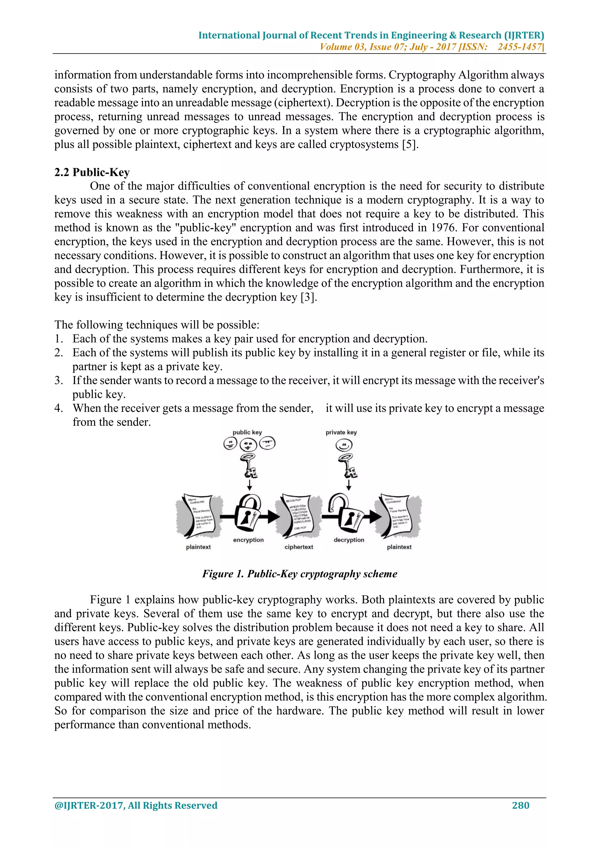 International Journal of Recent Trends in Engineering & Research (IJRTER) Volume 03, Issue 07; July - 2017 [ISSN: 2455-1457] @IJRTER-2017, All Rights Reserved 280 information from understandable forms into incomprehensible forms. Cryptography Algorithm always consists of two parts, namely encryption, and decryption. Encryption is a process done to convert a readable message into an unreadable message (ciphertext). Decryption is the opposite of the encryption process, returning unread messages to unread messages. The encryption and decryption process is governed by one or more cryptographic keys. In a system where there is a cryptographic algorithm, plus all possible plaintext, ciphertext and keys are called cryptosystems [5]. 2.2 Public-Key One of the major difficulties of conventional encryption is the need for security to distribute keys used in a secure state. The next generation technique is a modern cryptography. It is a way to remove this weakness with an encryption model that does not require a key to be distributed. This method is known as the "public-key" encryption and was first introduced in 1976. For conventional encryption, the keys used in the encryption and decryption process are the same. However, this is not necessary conditions. However, it is possible to construct an algorithm that uses one key for encryption and decryption. This process requires different keys for encryption and decryption. Furthermore, it is possible to create an algorithm in which the knowledge of the encryption algorithm and the encryption key is insufficient to determine the decryption key [3]. The following techniques will be possible: 1. Each of the systems makes a key pair used for encryption and decryption. 2. Each of the systems will publish its public key by installing it in a general register or file, while its partner is kept as a private key. 3. If the sender wants to record a message to the receiver, it will encrypt its message with the receiver's public key. 4. When the receiver gets a message from the sender, it will use its private key to encrypt a message from the sender. Figure 1. Public-Key cryptography scheme Figure 1 explains how public-key cryptography works. Both plaintexts are covered by public and private keys. Several of them use the same key to encrypt and decrypt, but there also use the different keys. Public-key solves the distribution problem because it does not need a key to share. All users have access to public keys, and private keys are generated individually by each user, so there is no need to share private keys between each other. As long as the user keeps the private key well, then the information sent will always be safe and secure. Any system changing the private key of its partner public key will replace the old public key. The weakness of public key encryption method, when compared with the conventional encryption method, is this encryption has the more complex algorithm. So for comparison the size and price of the hardware. The public key method will result in lower performance than conventional methods. 