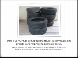 Para o 25º Círculo do Conhecimento, foi desenvolvido um
projeto para reaproveitamento de pneus.
Mesmo com a lei que obriga que o material seja recolhido ou devolvido às
fábricas, para destinação correta do material, não é o que ocorre.

 