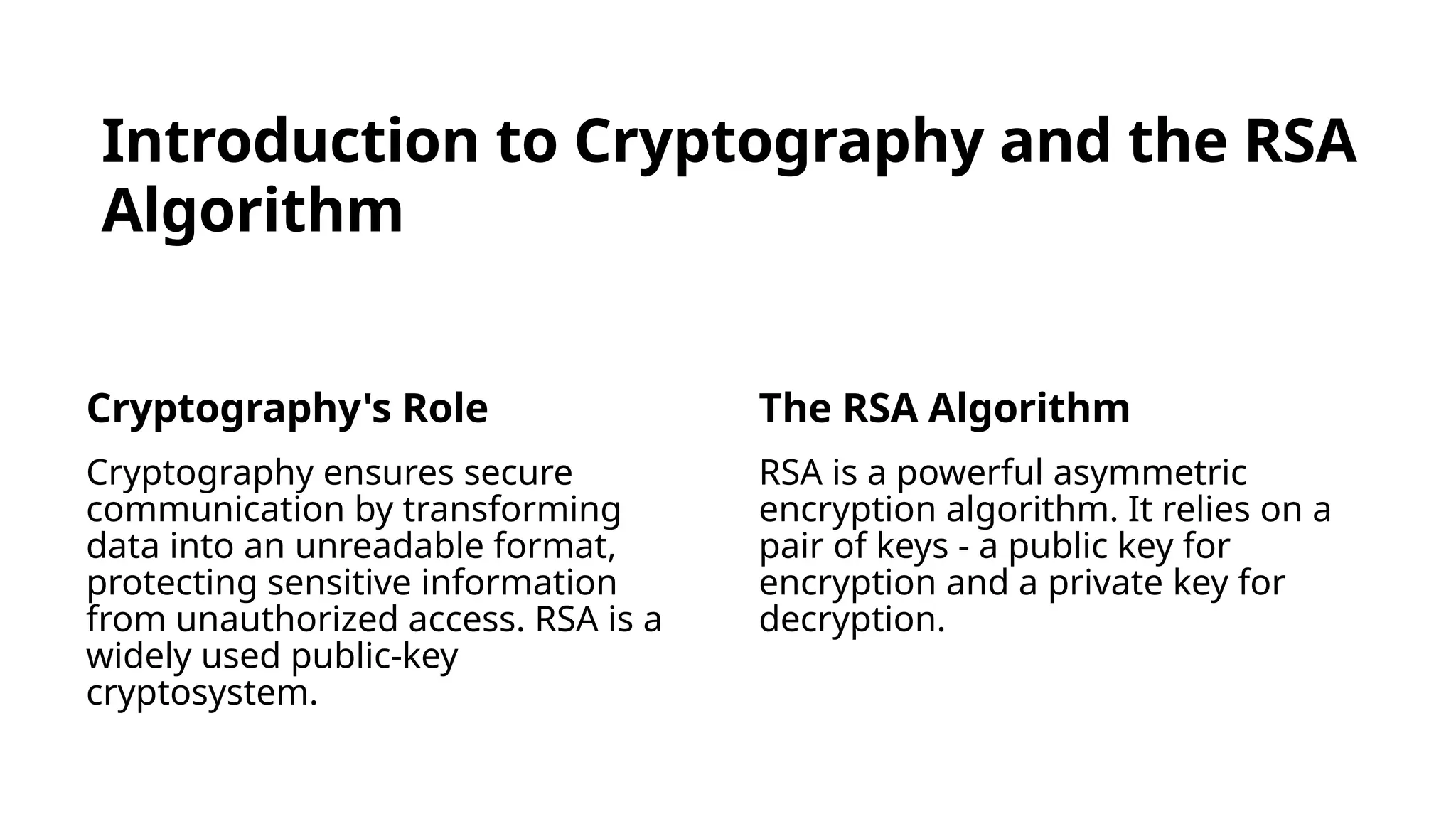 Introduction to Cryptography and the RSA
Algorithm
Cryptography's Role
Cryptography ensures secure
communication by transforming
data into an unreadable format,
protecting sensitive information
from unauthorized access. RSA is a
widely used public-key
cryptosystem.
The RSA Algorithm
RSA is a powerful asymmetric
encryption algorithm. It relies on a
pair of keys - a public key for
encryption and a private key for
decryption.
 