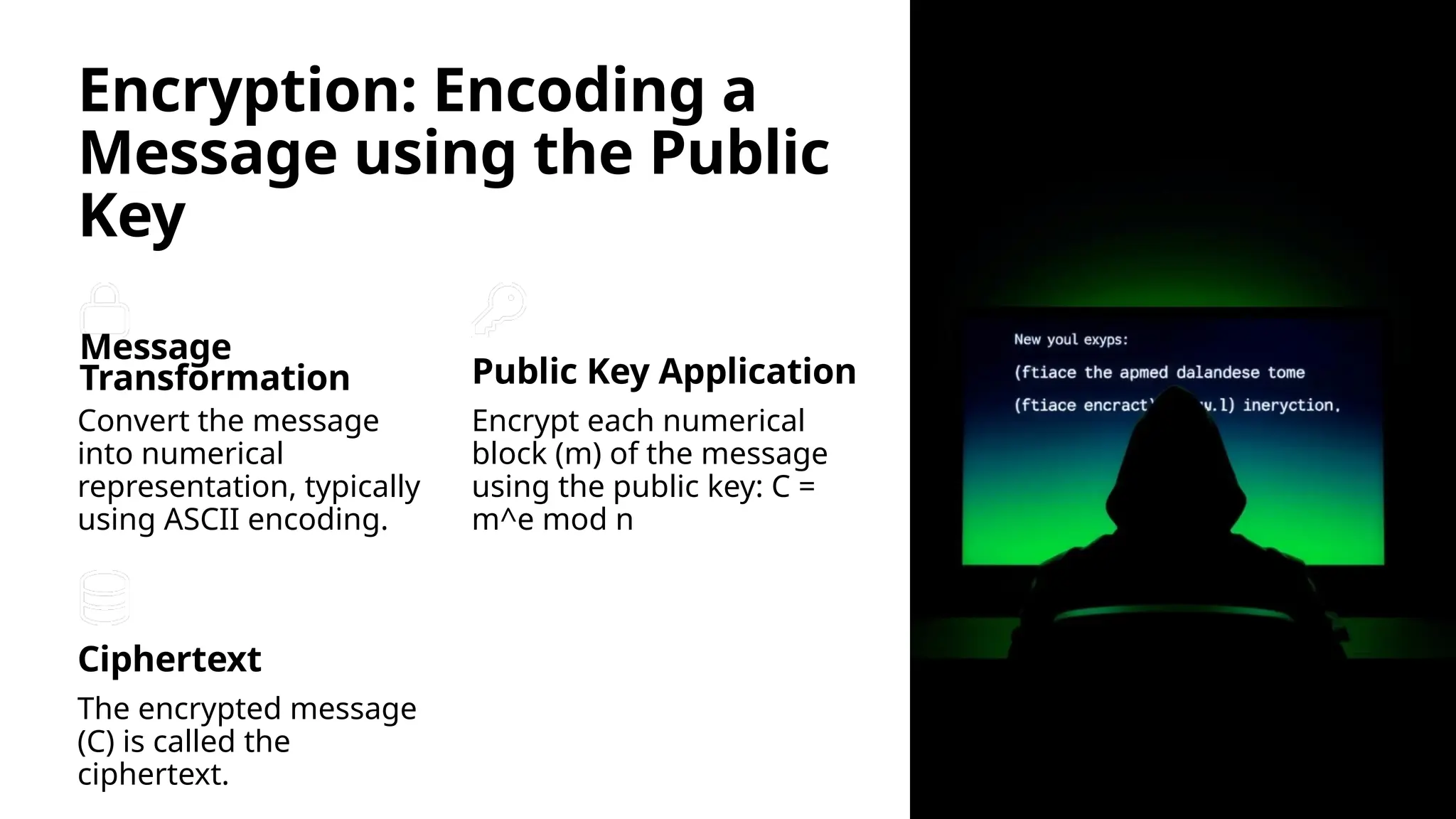 Encryption: Encoding a
Message using the Public
Key
Message
Transformation
Convert the message
into numerical
representation, typically
using ASCII encoding.
Public Key Application
Encrypt each numerical
block (m) of the message
using the public key: C =
m^e mod n
Ciphertext
The encrypted message
(C) is called the
ciphertext.
 