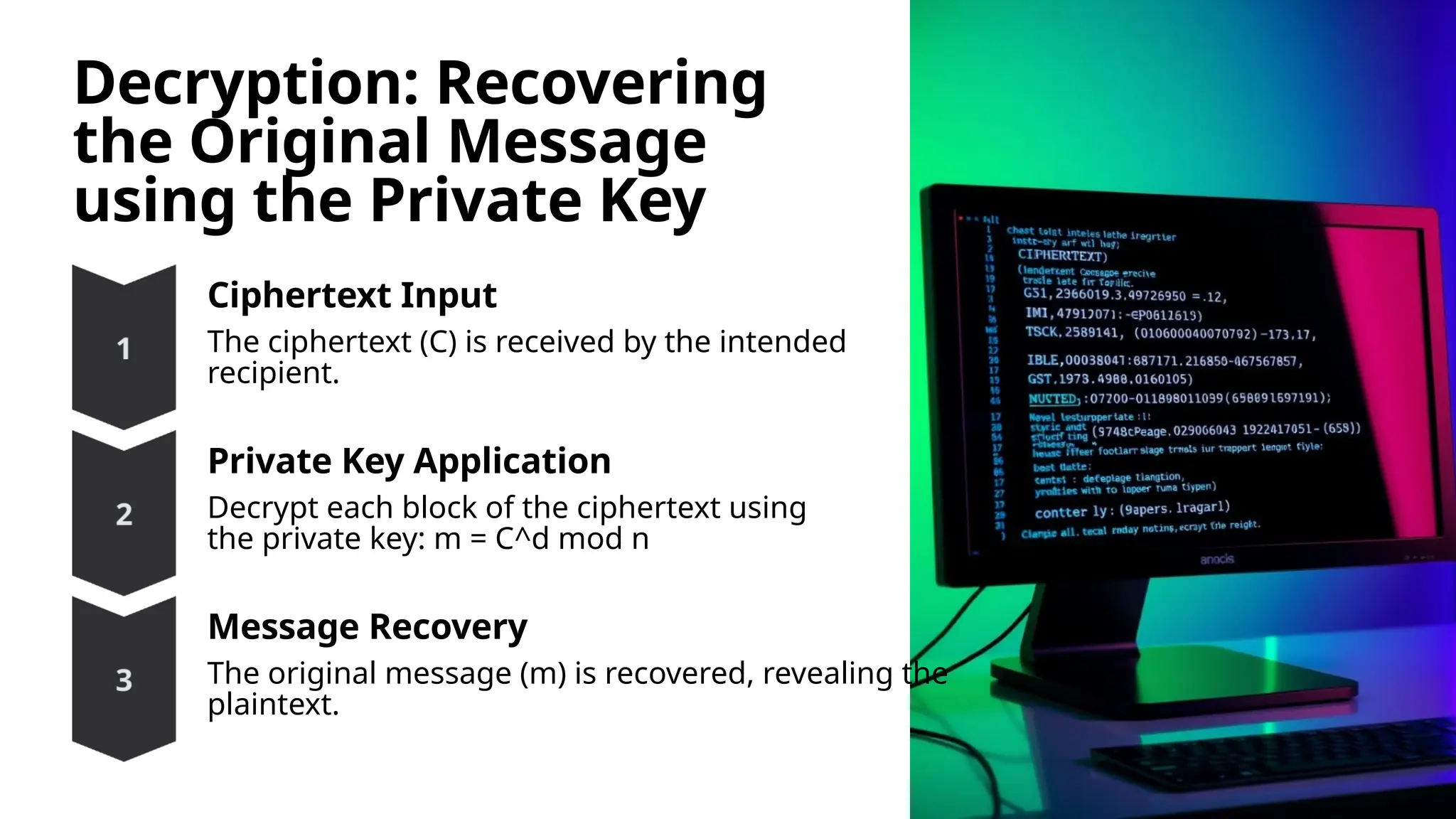 Decryption: Recovering
the Original Message
using the Private Key
Ciphertext Input
The ciphertext (C) is received by the intended
recipient.
Private Key Application
Decrypt each block of the ciphertext using
the private key: m = C^d mod n
Message Recovery
The original message (m) is recovered, revealing the
plaintext.
 