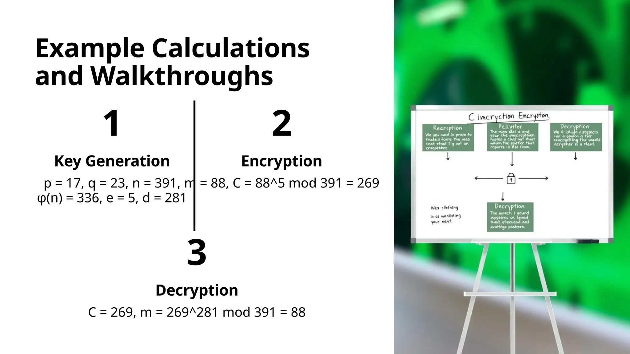 Example Calculations
and Walkthroughs
1
Key Generation
p = 17, q = 23, n = 391,
φ(n) = 336, e = 5, d = 281
2
Encryption
m = 88, C = 88^5 mod 391 = 269
3
Decryption
C = 269, m = 269^281 mod 391 = 88
 