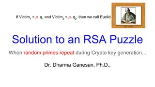 Solution to an RSA Puzzle
When random primes repeat during Crypto key generation...
Dr. Dharma Ganesan, Ph.D.,
If Victim1
= p. q1
and Victim2
= p. q2
, then we call Euclid
 