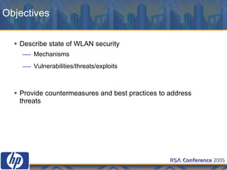 Objectives Describe state of WLAN security Mechanisms Vulnerabilities/threats/exploits Provide countermeasures and best practices to address threats 
