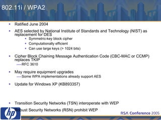 Ratified June 2004 AES selected by National Institute of Standards and Technology (NIST) as replacement for DES Symmetric-key block cipher Computationally efficient Can use large keys (> 1024 bits) Cipher Block Chaining Message Authentication Code ( CBC-MAC or CCMP)  replaces TKIP RFC 3610 May require equipment upgrades Some WPA implementations already support AES Update for Windows XP (KB893357) Transition Security Networks (TSN) interoperate with WEP Robust Security Networks (RSN) prohibit WEP 802.11i / WPA2 