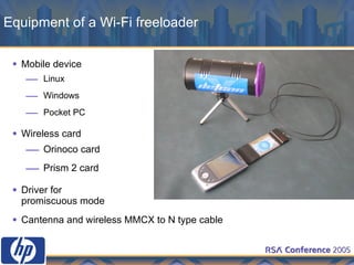 Equipment of a Wi-Fi freeloader Mobile device Linux Windows Pocket PC Wireless card Orinoco card Prism 2 card Driver for  promiscuous mode Cantenna and wireless MMCX to N type cable 