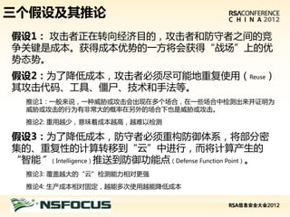 三个假设及其推论
假设1： 攻击者正在转向经济目的，攻击者和防守者之间的竞
争关键是成本。获得成本优势的一方将会获得“战场”上的优
势态势。
假设2：为了降低成本，攻击者必须尽可能地重复使用（Reuse）
其攻击代码、工具、僵尸、技术和手法等。
  推论1：一般来说，一种威胁或攻击会出现在多个场合，在一些场合中检测出来并证明为
  威胁或攻击的行为有非常大的概率在另外的场合下也是威胁或攻击。
  推论2: 重用越少，意味着成本越高，越难以检测

假设3：为了降低成本，防守者必须重构防御体系，将部分密
集的、重复性的计算转移到“云”中进行，而将计算产生的
“智能”（Intelligence）推送到防御功能点（Defense Function Point）。
  推论3: 覆盖越大的“云”检测能力相对更强
  推论4: 生产成本相对固定，越能多次使用越能降低成本


请在此处插入演讲者公司标志
 