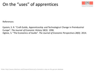 On	
  the	
  “uses”	
  of	
  apprentices
References:
Epstein,	
  S.	
  R.	
  “Craft	
  Guilds,	
  Apprenticeship	
   and	
  Technological	
  Change	
  in	
  Preindustrial	
  
Europe”.	
  The	
  Journal	
  of	
  Economic	
  History	
  58(3).	
  1998.
Ogilvie,	
  S.	
  “The	
  Economics	
  of	
  Guilds”.	
  The	
  Journal	
  of	
  Economic	
  Perspectives	
  28(4).	
  2014.
Slides:	
  http://www.slideshare.net/GiovanniColavizza/a-­‐cliometrics-­‐view-­‐on-­‐the-­‐garzoni-­‐database	
  
 