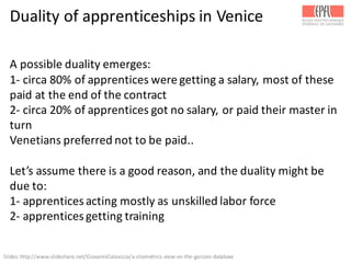 Duality	
  of	
  apprenticeships	
  in	
  Venice
A	
  possible	
  duality	
  emerges:
1-­‐ circa	
  80%	
  of	
  apprentices	
  were	
  getting	
  a	
  salary,	
  most	
  of	
  these	
  
paid	
  at	
  the	
  end	
  of	
  the	
  contract
2-­‐ circa	
  20%	
  of	
  apprentices	
  got	
  no	
  salary,	
  or	
  paid	
  their	
  master	
  in	
  
turn
Venetians	
  preferred	
  not	
  to	
  be	
  paid..
Let’s	
  assume	
  there	
  is	
  a	
  good	
  reason,	
  and	
  the	
  duality	
  might	
  be	
  
due	
  to:
1-­‐ apprentices	
  acting	
  mostly	
  as	
  unskilled	
  labor	
  force
2-­‐ apprentices	
  getting	
  training
Slides:	
  http://www.slideshare.net/GiovanniColavizza/a-­‐cliometrics-­‐view-­‐on-­‐the-­‐garzoni-­‐database	
  
 