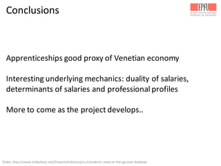 Conclusions
Apprenticeships	
  good	
  proxy	
  of	
  Venetian	
  economy
Interesting	
  underlying	
  mechanics:	
  duality	
  of	
  salaries,	
  
determinants	
  of	
  salaries	
  and	
  professional	
  profiles
More	
  to	
  come	
  as	
  the	
  project	
  develops..
Slides:	
  http://www.slideshare.net/GiovanniColavizza/a-­‐cliometrics-­‐view-­‐on-­‐the-­‐garzoni-­‐database	
  
 