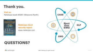 2020 © Netskope. All rights reserved.
Visit us:
Netskope booth #5981 (Moscone North)
Thank you.
QUESTIONS?
Netskope cloud
security report:
www.netskope.com
RA:RA
 