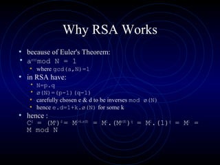 Why RSA Works
• because of Euler's Theorem:
• aø(n)
mod N = 1
• where gcd(a,N)=1
• in RSA have:
• N=p.q
• ø(N)=(p-1)(q-1)
• carefully chosen e & d to be inverses mod ø(N)
• hence e.d=1+k.ø(N) for some k
• hence :
Cd
= (Me
)d
= M1+k.ø(N)
= M1
.(Mø(N)
)q
= M1
.(1)q
= M1
=
M mod N
 