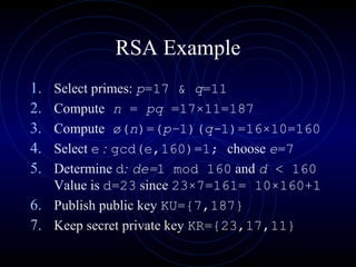 RSA Example
1. Select primes: p=17 & q=11
2. Compute n = pq =17×11=187
3. Compute ø(n)=(p–1)(q-1)=16×10=160
4. Select e : gcd(e,160)=1; choose e=7
5. Determine d: de=1 mod 160 and d < 160
Value is d=23 since 23×7=161= 10×160+1
6. Publish public key KU={7,187}
7. Keep secret private key KR={23,17,11}
 