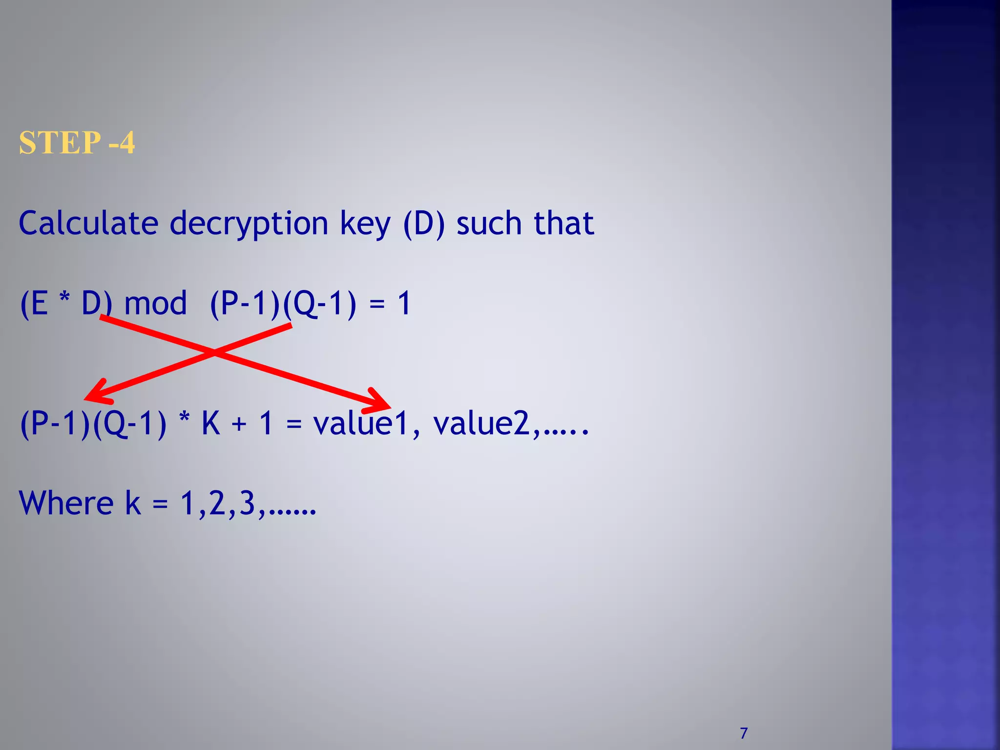 STEP -4
Calculate decryption key (D) such that
(E * D) mod (P-1)(Q-1) = 1
(P-1)(Q-1) * K + 1 = value1, value2,…..
Where k = 1,2,3,……
7
 