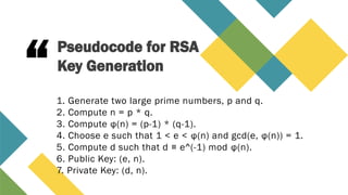 “1. Generate two large prime numbers, p and q.
2. Compute n = p * q.
3. Compute φ(n) = (p-1) * (q-1).
4. Choose e such that 1 < e < φ(n) and gcd(e, φ(n)) = 1.
5. Compute d such that d ≡ e^(-1) mod φ(n).
6. Public Key: (e, n).
7. Private Key: (d, n).
Pseudocode for RSA
Key Generation
 
