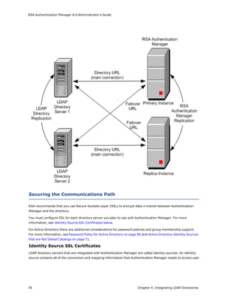 RSA Authentication Manager 8.6 Administrator's Guide
Securing the Communications Path
RSA recommends that you use Secure Sockets Layer (SSL) to encrypt data in transit between Authentication
Manager and the directory.
You must configure SSL for each directory server you plan to use with Authentication Manager. For more
information, see Identity Source SSL Certificates below.
For Active Directory there are additional considerations for password policies and group membership support.
For more information, see Password Policy for Active Directory on page 80 and Active Directory Identity Sources
that are Not Global Catalogs on page 71.
Identity Source SSL Certificates
LDAP directory servers that are integrated with Authentication Manager are called identity sources. An identity
source contains all of the connection and mapping information that Authentication Manager needs to access user
78 Chapter 4: Integrating LDAP Directories
 