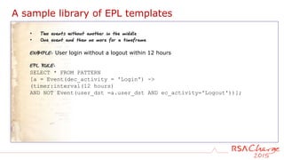 A sample library of EPL templates
• Two events without another in the middle
• One event and then no more for a timeframe
EXAMPLE: User login without a logout within 12 hours
EPL RULE:
SELECT * FROM PATTERN
[a = Event(dec_activity = 'Login') ->
(timer:interval(12 hours)
AND NOT Event(user_dst =a.user_dst AND ec_activity='Logout'))];
 
