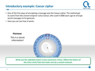 Introductory example: Caesar cipher

• One of the first ways of encrypting a message was the Caesar cipher. The method got
  its name from the ancient emperor Julius Caesar, who used it 2000 years ago to encrypt
  secret messages to his generals.
• Here you can see how it works:




        Plaintext
     This is a secret
      information!




           Write out the alphabet twice in two concentric circles. Offset the letters of
                    the inner circle from the outer one by a certain amount.


 3
 
