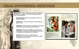 VISUAL ENTHYMEMES—REPETITION
     Observation: White male works outdoors as forestry
     technician. He wears a hard hat and orange safety
     vest. He works alone.

        Generalization: Men are interested in work as
         forestry experts.

        Inference 1: If you are male, you may enjoy this
         type of work.

        Inference 2: Forestry work is dangerous (hard hat
         and safety vest) and takes place outdoors.

        Inference 3: If you are female, you may not be
         interested in this type of work (perhaps because it
         is dangerous and takes place outdoors).

        Inference 4: If you are a male forestry
         technician, you can work alone; you do not need
         assistance to do your job.
 