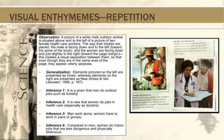 VISUAL ENTHYMEMES—REPETITION
     Observation: A picture of a white male outdoor worker
     is situated above and to the left of a picture of two
     female health care workers. The way their bodies are
     placed, the male is facing down and to the left (toward
     the spine of the book), and the women are facing down
     and just slightly to the right (toward the page margin)—
     this creates a visual separation between them, so that
     even though they are in the same area of the
     page, they appear utterly separate.

        Generalization: Elements pictured on the left are
         presented as Given, whereas elements on the
         right are presented as New (Kress & Van
         Leeuwen, 1996, p. 187).

        Inference 1: It is a given that men do outdoor
         jobs such as forestry.

        Inference 2: It is new that women do jobs in
         health care (especially as doctors).

        Inference 3: Men work alone; women have to
         work in pairs or groups.

        Inference 4: Compared to men, women do indoor
         jobs that are less dangerous and physically
         strenuous.
 
