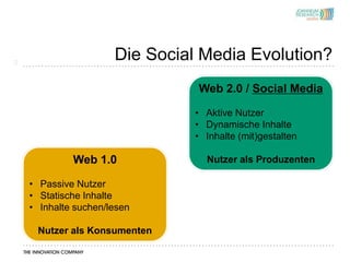 2
                      Die Social Media Evolution?
                                Web 2.0 / Social Media

                               • Aktive Nutzer
                               • Dynamische Inhalte
                               • Inhalte (mit)gestalten

             Web 1.0             Nutzer als Produzenten

    • Passive Nutzer
    • Statische Inhalte
    • Inhalte suchen/lesen

     Nutzer als Konsumenten
 