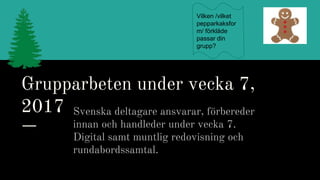 Grupparbeten under vecka 7,
2017 Svenska deltagare ansvarar, förbereder
innan och handleder under vecka 7.
Digital samt muntlig redovisning och
rundabordssamtal.
Vilken /vilket
pepparkaksfor
m/ förkläde
passar din
grupp?
 