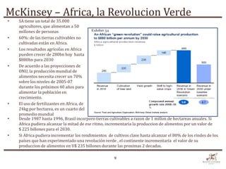 McKinsey – Africa, la Revolucion Verde
•   SA tiene un total de 35.000
    agricultores, que alimentan a 50
    millones de personas
•   60%: de las tierras cultivables no
    cultivadas están en Africa.
•   Los resultados agrícolas en Africa
    pueden crecer de 280bn hoy hasta
    $880bn para 2030
•   De acuerdo a las proyecciones de
    ONU, la producción mundial de
    alimentos necesita crecer un 70%
    sobre los niveles de 2005-07
    durante los próximos 40 años para
    alimentar la población en
    crecimiento.
•   El uso de fertilizantes en Africa, de
    24kg por hectarea, es un cuarto del
    promedio mundial
•   Desde 1987 hasta 1996, Brasil incorporo tierras cultivables a razon de 1 millon de hectareas anuales. Si
    Africa pudiera alcanzar la mitad de ese ritmo, incrementaria la produccion de alimentos por un valor de
    $ 225 billones para el 2030.
•   Si Africa pudiera incrementar los rendimientos de cultivos clave hasta alcanzar el 80% de los ríndes de los
    países que han experimentado una revolución verde , el continente incrementaría el valor de su
    produccion de alimentos en U$ 235 billones durante las proximas 2 decadas.

                                                       9
 