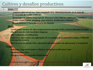Cultivos y desafios productivos
•   SOJA????
    •    Latitud subtropical con clíma templado-frio. Altitud promedio de la zona de
         producción de 1.200-1.500 mt .
    •    Tecnologia de cultivo inapropiada distancia entre hileras, cultivares, cosecha y
         acopio inadecuados, popping, roya asiatica, fertilizantes foliares
    •    Buena noticia!!!! Poca incidencia de chinche
•   Maiz:
    •   Condiciones ideales de altas temperaturas durante el día y fresco durante la noche.
        Alta presion de enfermedades fúngicas.
    •   Alta respuesta a fertilización
    •   Cultivares adecuados con aplicacion de tecnologia de produccion antigua. FERRARI
        CON NAFTA COMUN
    •   Maíz se seca en planta y hay adecuada infraestructura de almacenaje y transporte
• Trigo:
    •   Solo bajo riego en el centro y Norte y en secano en Western Cape
    •   Rendimientos altos
    •   Riesgo a cosecha y heladas en floracion



                                             16
 