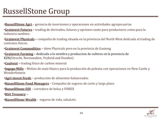 RussellStone Group
•RussellStone Agri – gerencia de inversiones y operaciones en actividades agropecuarias
•Grainvest Futures – trading de derivados, futuros y opciones tanto para productores como para la
industria tambien.
•Grainvest Physicals – compañía de trading situada en la provincia del North West dedicada al trading de
contratos fisicos.
•Grainvest Commodities – idem Physicals pero en la provincia de Gauteng
•Grainvest Farming – dedicada a la siembra y produccion de cultivos en la provincia de
KZN(Utrecht, Normandien, Vryheid and Dundee)
•Coalvest – trading físico de carbon mineral
•Ingogo Mills – Molino de maíz blanco para la producción de polenta con operaciones en New Castle y
Wonderfontein
•Agri-invest Feeds – producción de alimentos balanceados
•RussellStone Fund Managers – Compañia de seguros de corto y largo plazo
•RussellStone EDI - corredora de bolsa y FOREX
•RSA Treasury –
•RussellStone Wealth - seguros de vida, salud,etc.


                                                     22
 