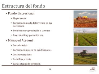Estructura del fondo
 • Fondo discrecional
    • Mayor costo
    • Participación nula del inversor en las
      decisiones
    • Dividendos y apreciación a la venta
    • Inversión fija y por unica vez

 • Managed Account
    • Costo inferior
    • Participación plena en las decisiones
    • Costos operativos
    • Cash flow y venta
    • Varias etapas de inversion

                                         34
 