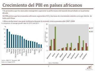 Crecimiento del PBI en países africanos
• Se pronostica que los mercados emergentes superarán la performance del mundo desarrollado en la próxima
década
•El FMI prevee que las economías africanas superarán el G3 y las tasas de crecimiento estarán cerca por detrás de
India and China
• Africa probo tener una gran resiliencia durante la reciente crísis economica del 2007-2008




                                                          Source: World Bank,

                                                          7
 