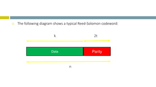  The following diagram shows a typical Reed-Solomon codeword:
k 2t
n
Data Parity
 