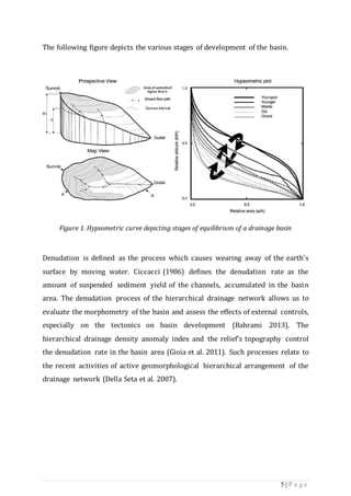 5 | P a g e
The following figure depicts the various stages of development of the basin.
Figure 1. Hypsometric curve depicting stages of equilibrium of a drainage basin
Denudation is defined as the process which causes wearing away of the earth’s
surface by moving water. Ciccacci (1986) defines the denudation rate as the
amount of suspended sediment yield of the channels, accumulated in the basin
area. The denudation process of the hierarchical drainage network allows us to
evaluate the morphometry of the basin and assess the effects of external controls,
especially on the tectonics on basin development (Bahrami 2013). The
hierarchical drainage density anomaly index and the relief’s topography control
the denudation rate in the basin area (Gioia et al. 2011). Such processes relate to
the recent activities of active geomorphological hierarchical arrangement of the
drainage network (Della Seta et al. 2007).
 