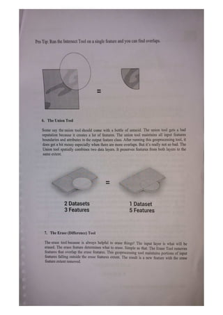 Pro Tip: Run the Intersect Tool on a single feature and you can find overlaps.
6. The Union Tool
Some say the union tool should come with a bottle of antacid. The union tool gets a bad
reputation because it creates a lot of features. The union tool maintains all input features
boundaries and attributes in the output feature class. After running this geoprocessing tool, it
does get a bit messy especially when there are more overlaps. But it's really not so bad. The
Union tool spatially combines two data layers. It preserves features from both layers to the
same extent.
2 Datasets 1
Dataset
3 Features 5 Features
7. The Erase (Difference) Tool
The erase tool because is always helpful to erase things! The input layer is what will be
erased. The erase feature determines what to erase. Simple as that. The Erase Tool removes
features that overlap the erase features. This geoprocessing tool maintains portions of input
features falling outside the erase features extent. The result is a new feature with the erase
feature extent removed.
 