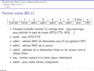 M1 Informatique, R´eseaux Cours 8 : R´eseaux mobiles et sans ﬁl
R´eseaux mobiles et sans ﬁl
Wi-Fi
Format trame 802.11
2 2 6 6 6 2 6 0-2312 4
Contrˆole Dur´ee addr1 addr2 addr3 seq addr4 data CRC
Champs Contrˆole contient 11 champs dont : type/sous-type
pour pr´eciser le type de trame (RTS/CTS, ACK, ...)
dur´ee : pour RTS/CTS
addr1 : adresse MAC de destination sans ﬁl (en g´en´eral l’AP)
addr2 : adresse MAC de la source
addr3 : addresse de la destination ﬁnale ou du routeur vers le
r´eseau ﬁlaire
seq : num´ero associ´e `a la trame (pour r´e´emission)
addr4 : pour mode ad-hoc uniquement
18 de 28
 