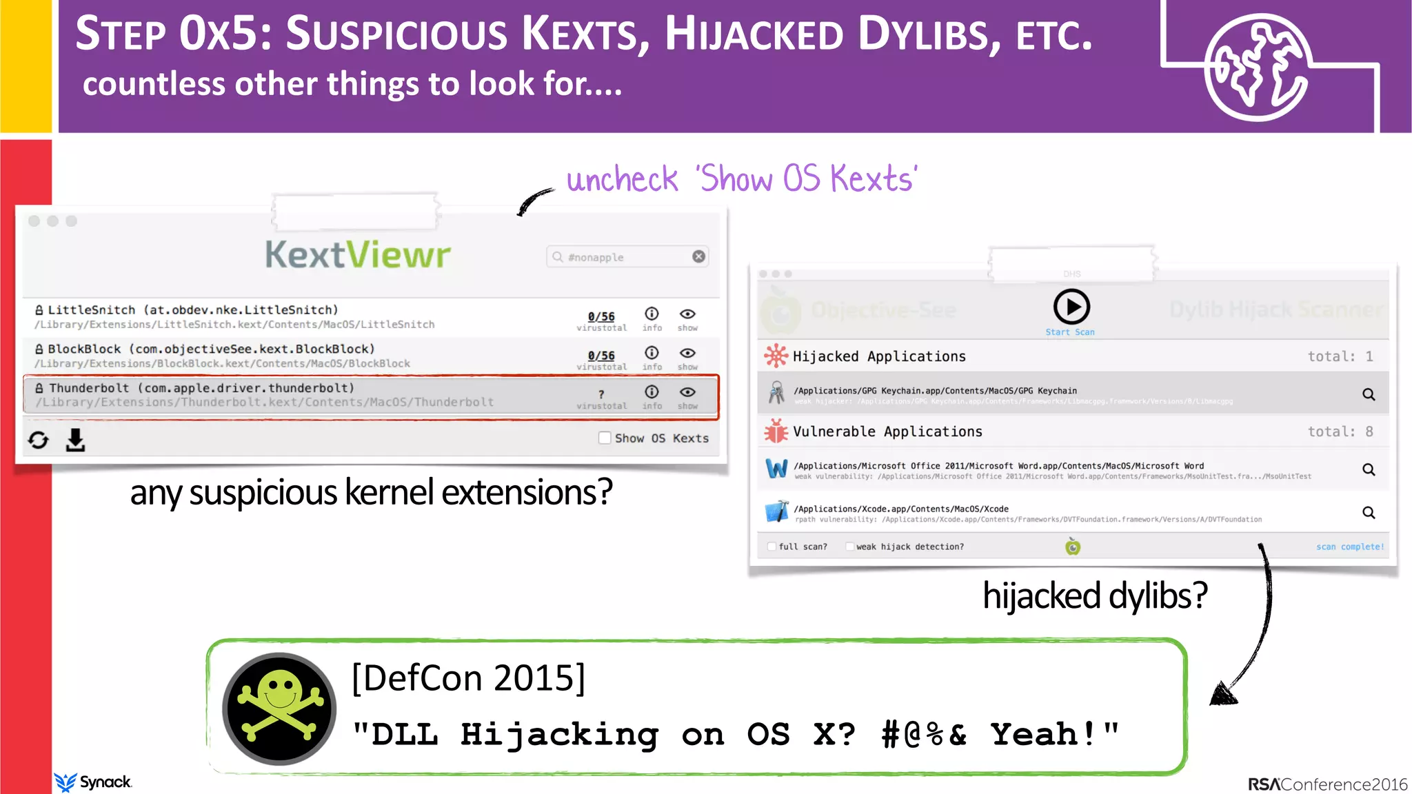 STEP 0X5: SUSPICIOUS KEXTS, HIJACKED DYLIBS, ETC.
countless other things to look for....
uncheck ‘'Show OS Kexts'
anysuspiciouskernelextensions?
hijackeddylibs?
[DefCon 2015]
"DLL Hijacking on OS X? #@%& Yeah!"
 