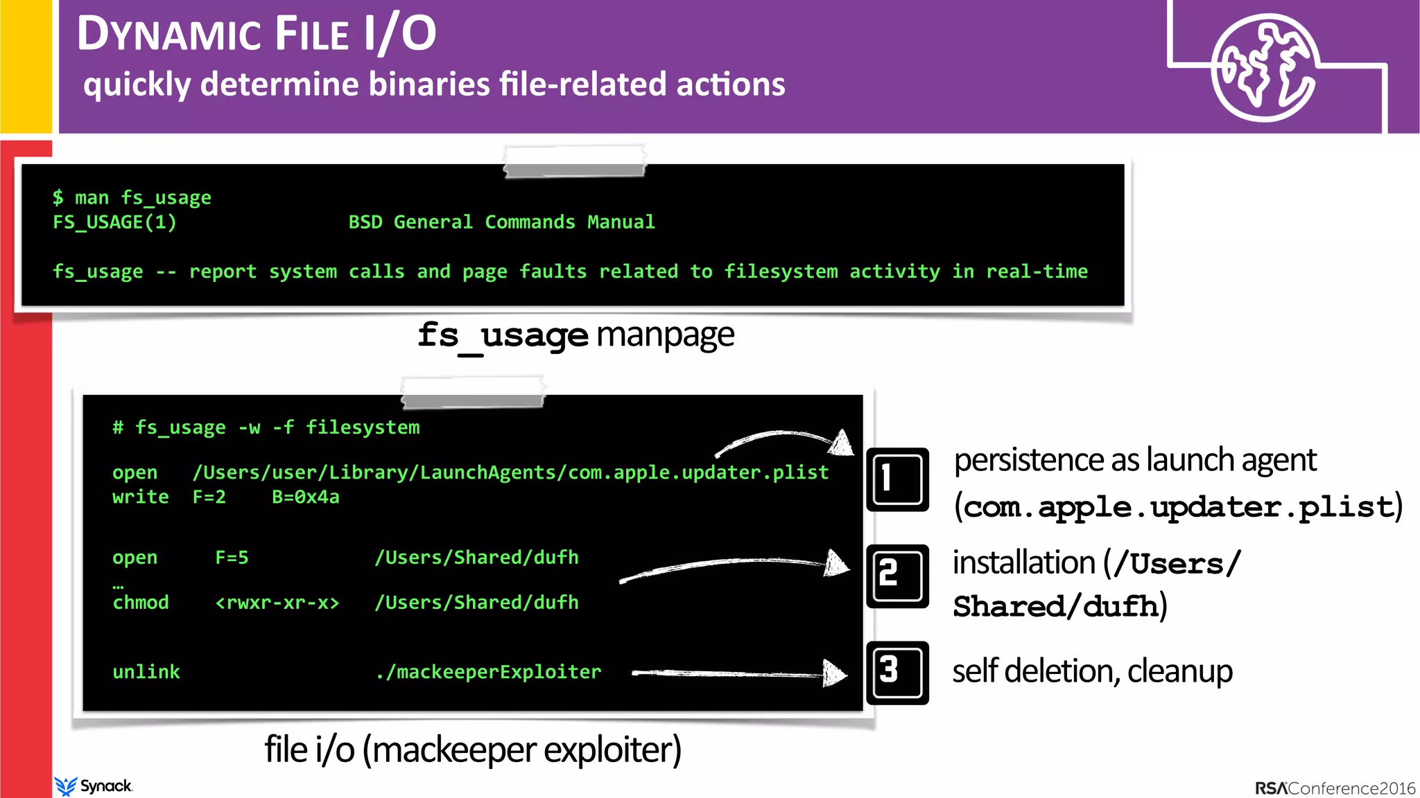 DYNAMIC FILE I/O
quickly determine binaries ﬁle-related ac/ons
# fs_usage -w -f filesystem 
open /Users/user/Library/LaunchAgents/com.apple.updater.plist
write F=2 B=0x4a  
 
 
open F=5 /Users/Shared/dufh
… 
chmod <rwxr-xr-x> /Users/Shared/dufh
 
unlink ./mackeeperExploiter
filei/o(mackeeperexploiter)
$ man fs_usage
FS_USAGE(1) BSD General Commands Manual
fs_usage -- report system calls and page faults related to filesystem activity in real-time
fs_usagemanpage
persistenceaslaunchagent
(com.apple.updater.plist)
installation(/Users/
Shared/dufh)
selfdeletion,cleanup
 