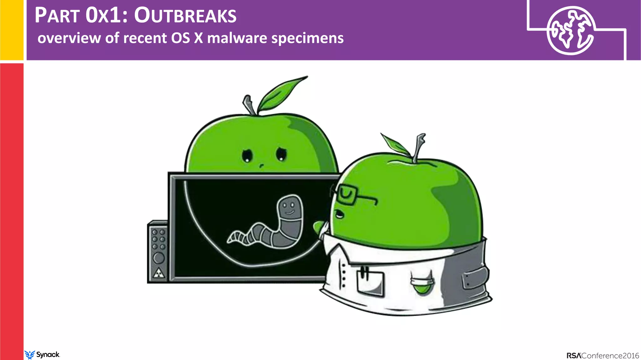 PART 0X1: OUTBREAKS
overview of recent OS X malware specimens
 