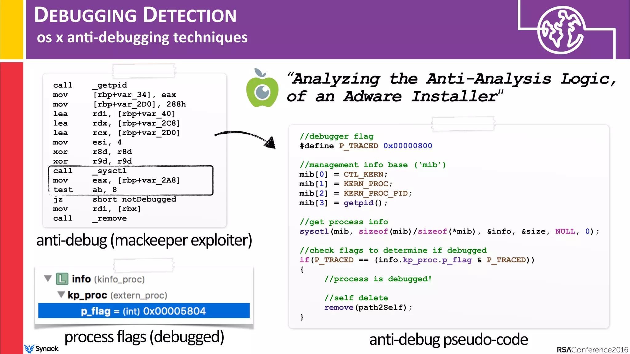 DEBUGGING DETECTION
os x an/-debugging techniques
call _getpid
mov [rbp+var_34], eax
mov [rbp+var_2D0], 288h
lea rdi, [rbp+var_40]
lea rdx, [rbp+var_2C8]
lea rcx, [rbp+var_2D0]
mov esi, 4
xor r8d, r8d
xor r9d, r9d
call _sysctl
mov eax, [rbp+var_2A8]
test ah, 8
jz short notDebugged
mov rdi, [rbx]
call _remove
//debugger flag
#define P_TRACED 0x00000800
//management info base (‘mib’)
mib[0] = CTL_KERN;
mib[1] = KERN_PROC;
mib[2] = KERN_PROC_PID;
mib[3] = getpid();
//get process info
sysctl(mib, sizeof(mib)/sizeof(*mib), &info, &size, NULL, 0);
//check flags to determine if debugged
if(P_TRACED == (info.kp_proc.p_flag & P_TRACED))
{
//process is debugged! 
//self delete
remove(path2Self);
}
anti-debug(mackeeperexploiter)
processflags(debugged) anti-debugpseudo-code
“Analyzing the Anti-Analysis Logic,
of an Adware Installer"
 