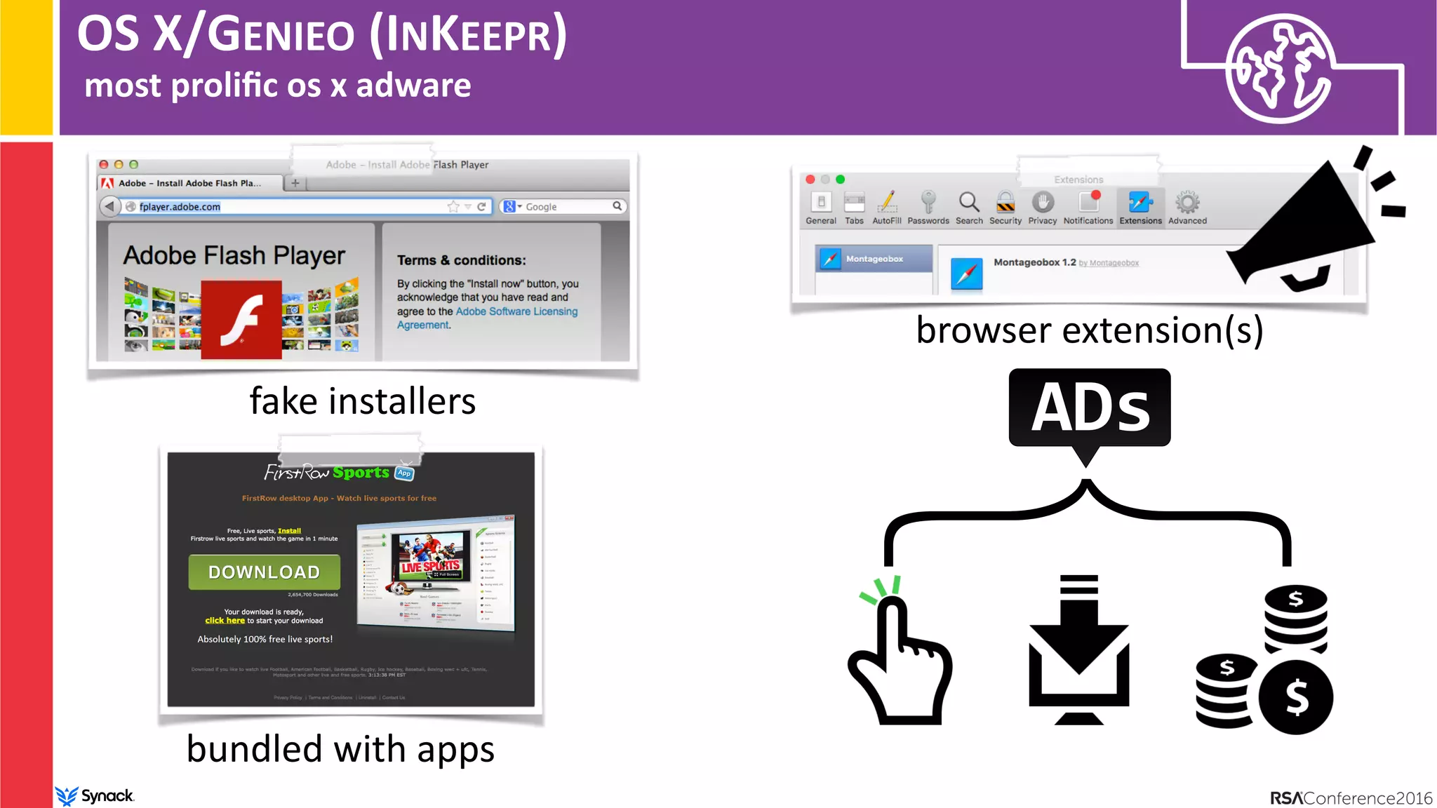 }
OS X/GENIEO (INKEEPR)
most proliﬁc os x adware
browser extension(s)
fake installers
bundled with apps
ADs
 