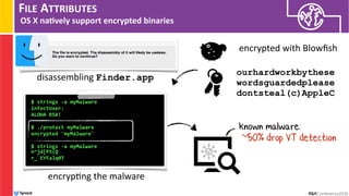 FILE ATTRIBUTES
OS X na/vely support encrypted binaries
ourhardworkbythese
wordsguardedplease
dontsteal(c)AppleC
encrypted with Blowﬁsh
disassembling Finder.app
encryp:ng the malware
$ strings -a myMalware
infectUser:
ALOHA RSA!
$ ./protect myMalware
encrypted 'myMalware'
$ strings -a myMalware  
n^jd[P5{Q
r_`EYFaJq07
known malware:
~50% drop VT detection
 