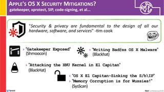 APPLE'S OS X SECURITY MITIGATIONS?
gatekeeper, xprotect, SIP, code-signing, et al...
"Security & privacy are fundamental to the design of all our
hardware, so]ware, and services" -:m cook
‣ "Gatekeeper Exposed" 
(Shmoocon)
‣ "OS X El Capitan-Sinking the S/hIP"
‣ "Memory Corruption is for Wussies!"
(SysScan)
‣ "Writing Bad@ss OS X Malware"  
(Blackhat)
‣ "Attacking the XNU Kernel in El Capitan"
(BlackHat)
 